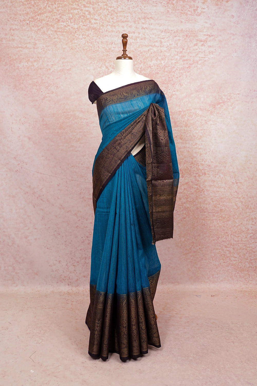 Blue semi jute saree with brown gold zari border - Seematti