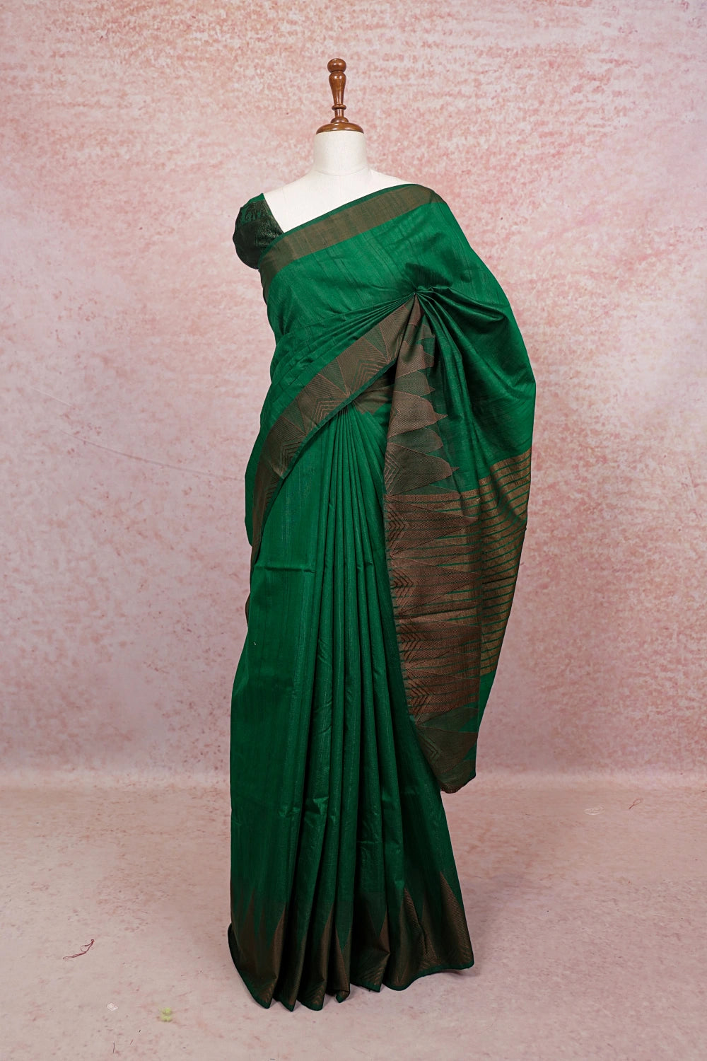Bottle green semi jute saree with temple border - Seematti
