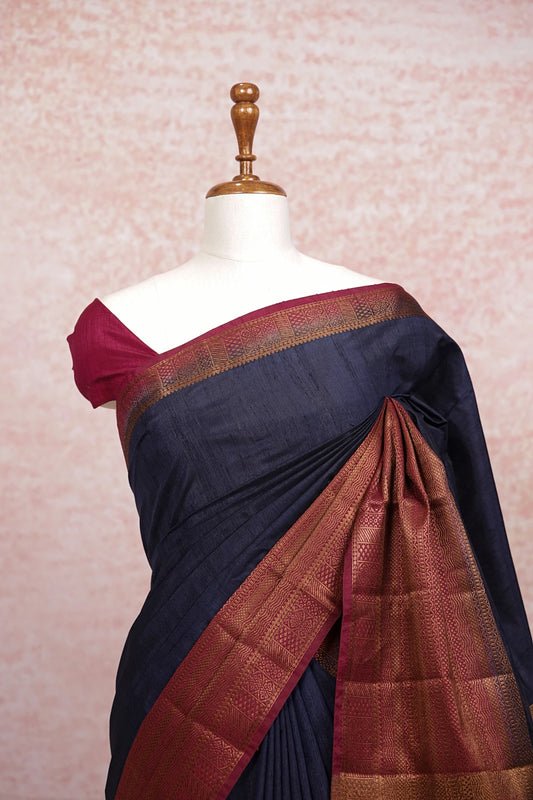 Dark Navy Blue Semi Jute Saree - Seematti