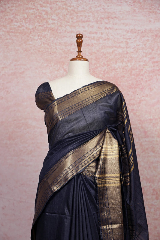 Navy Blue Semi Silk Saree - Seematti