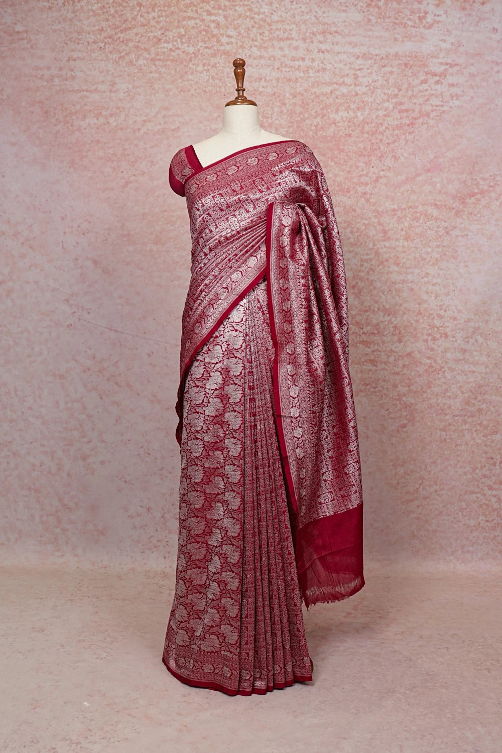 Wine Red Semi Banarasi Saree - Seematti