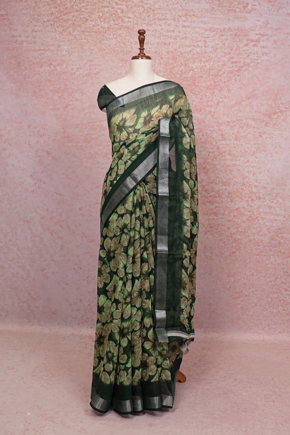 Dark Green Semi Chanderi Saree