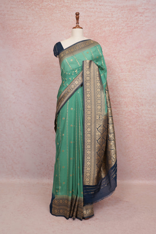 Dark Pista Green Semi Banarasi Saree - Seematti