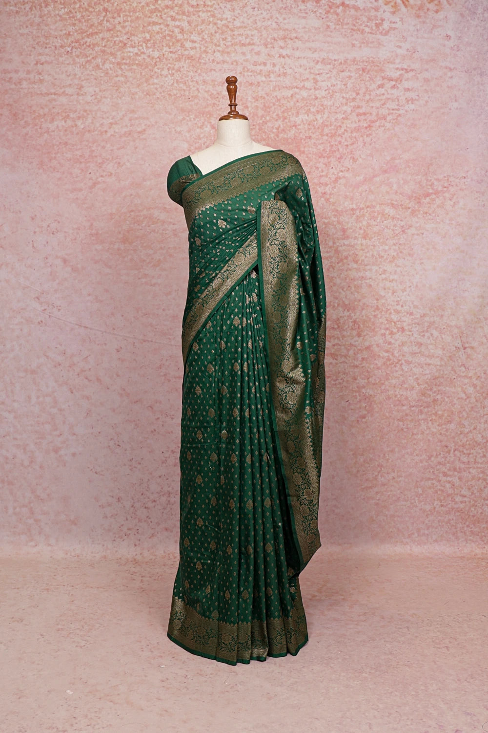 Bottle Green Semi Banarasi Saree - Seematti