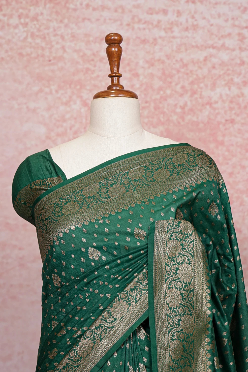 Bottle Green Semi Banarasi Saree - Seematti