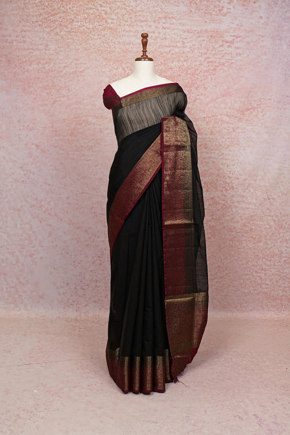 Black Semi Linen Saree With Zari Border - Seematti