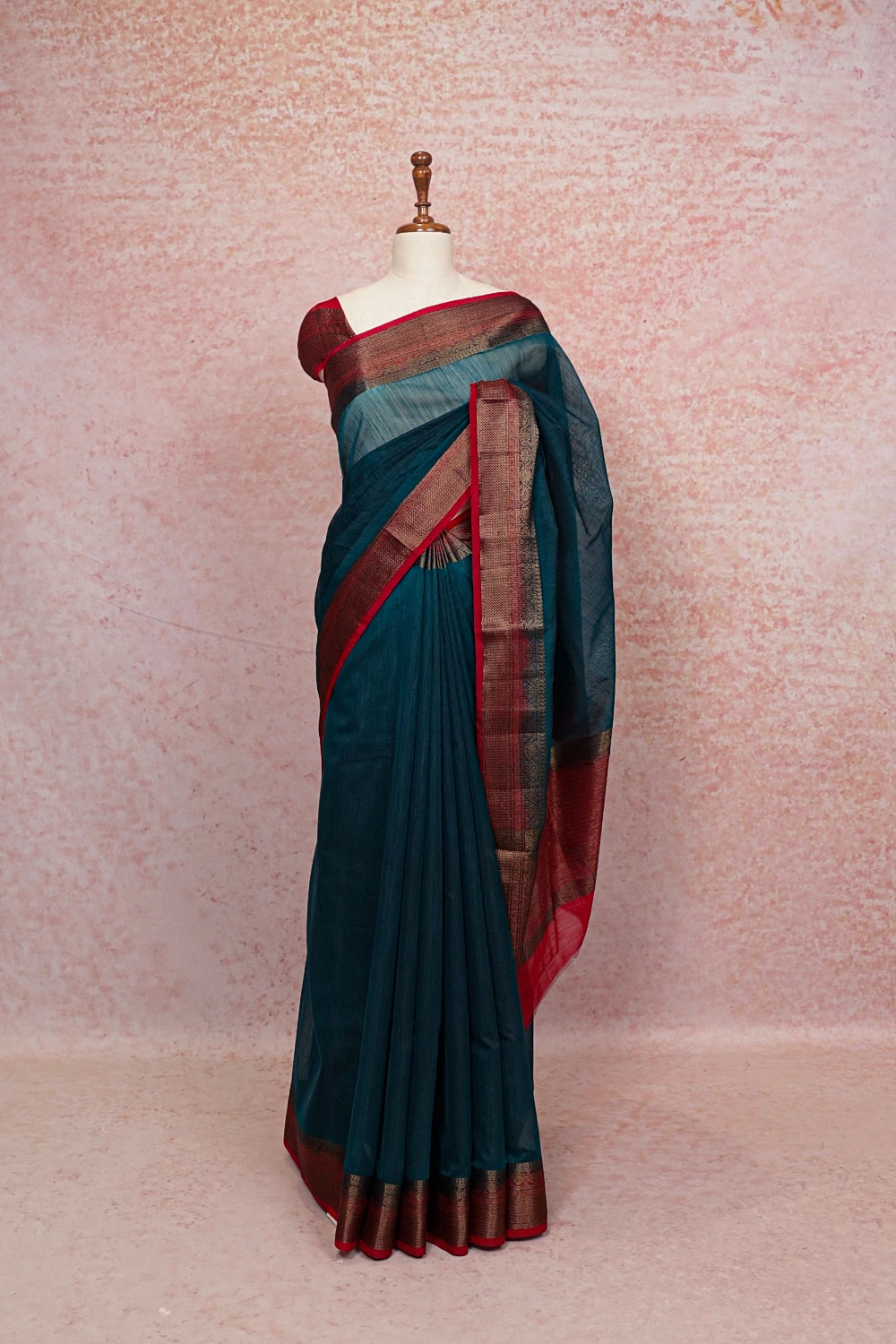 Peacock Blue Semi Linen Saree
