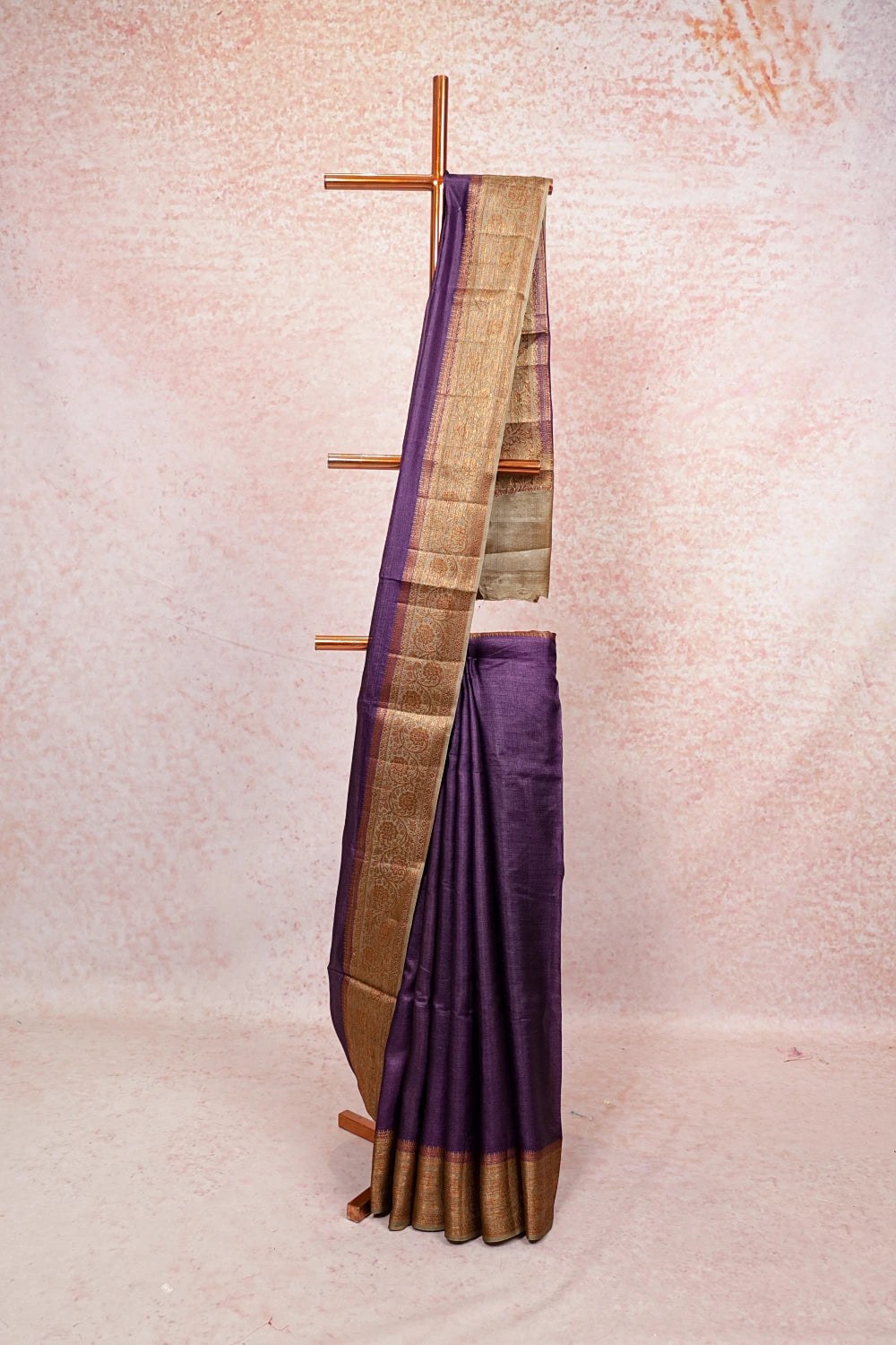 Violet tussar silk saree with gold-copper designer border