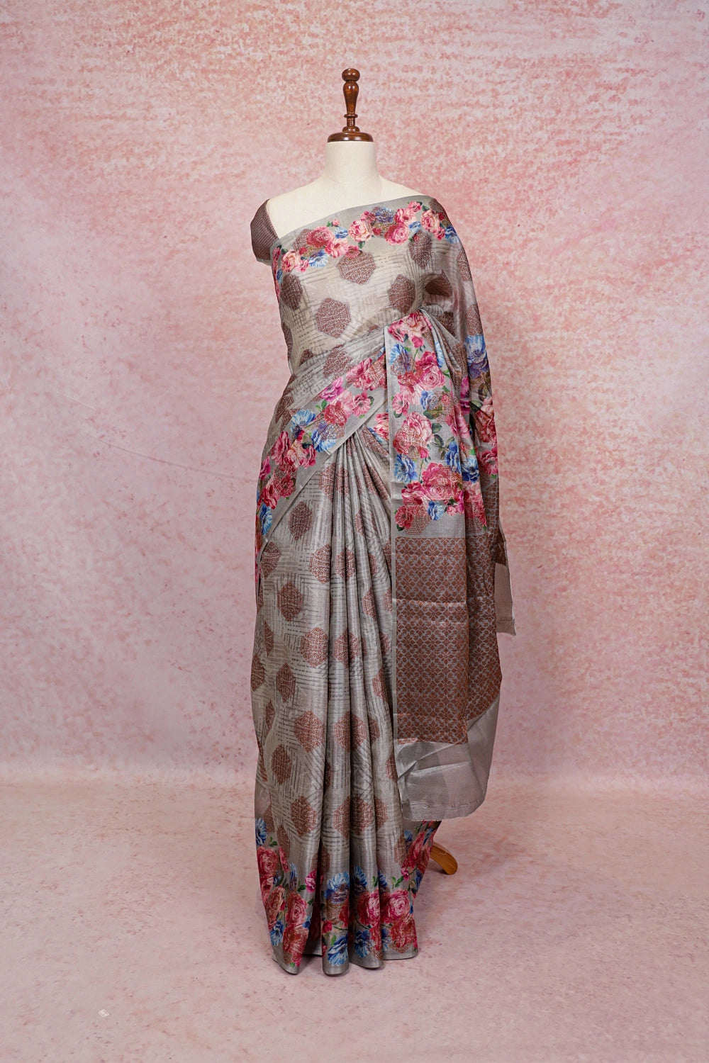 Ash Tussar Silk Saree
