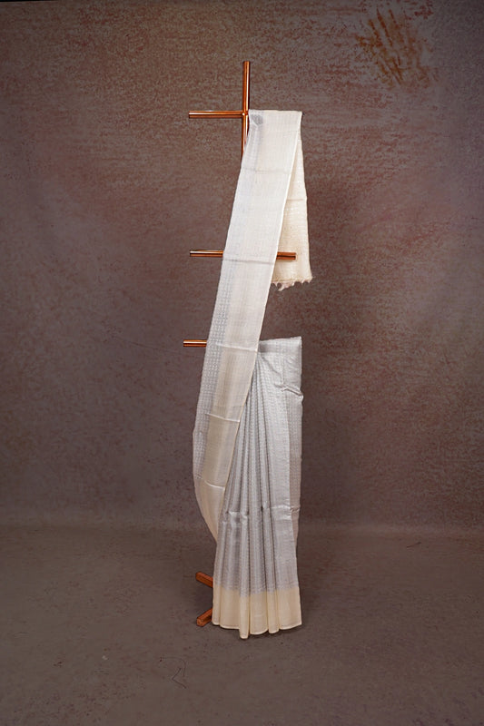 Silver Tussar Silk Designer Body Saree With Plain Border - Seematti