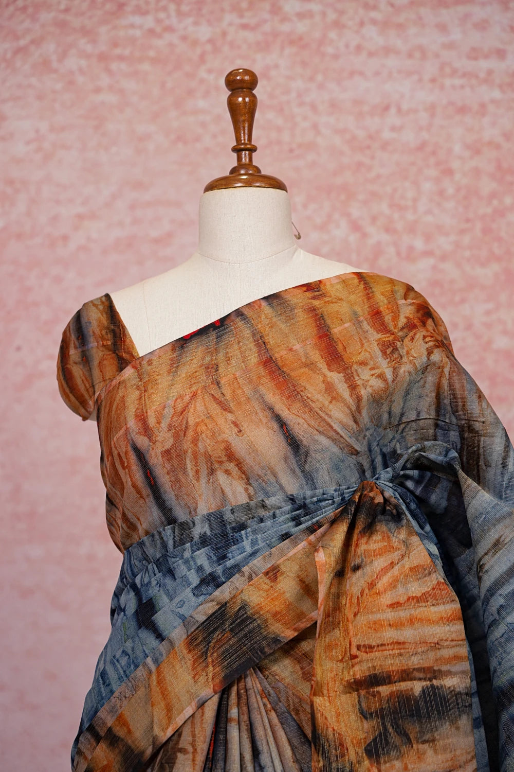 Slate Blue Semi Tussar Tissue Saree pallu close-up with zari border