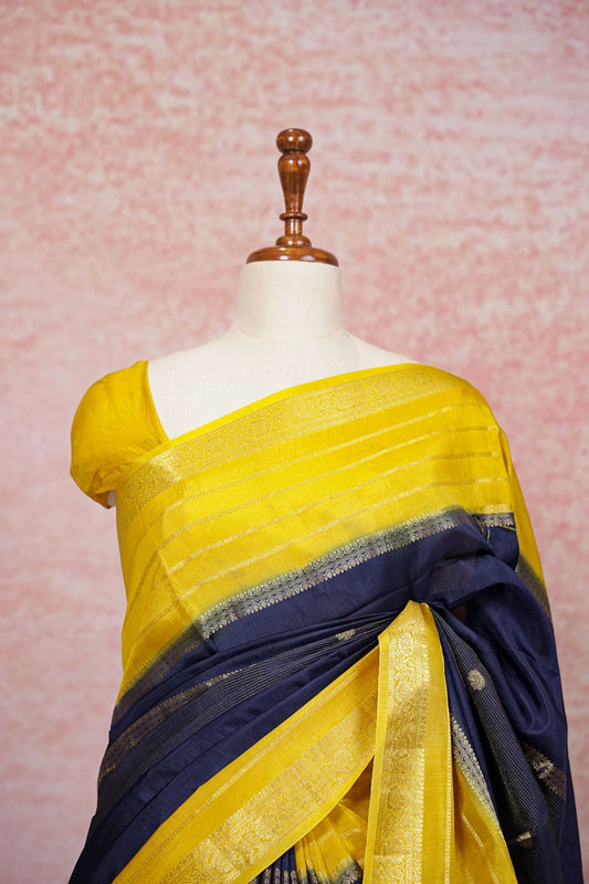 Navy Blue Semi Banarasi Saree - Seematti