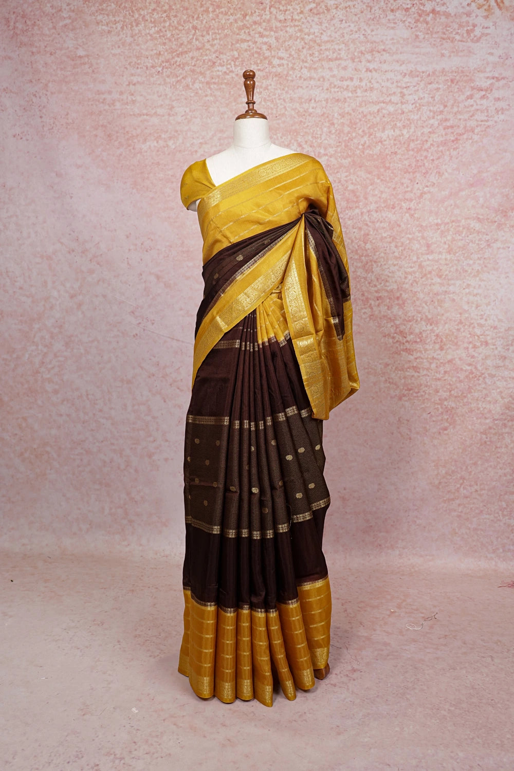 Coffee brown semi silk saree with golden line border