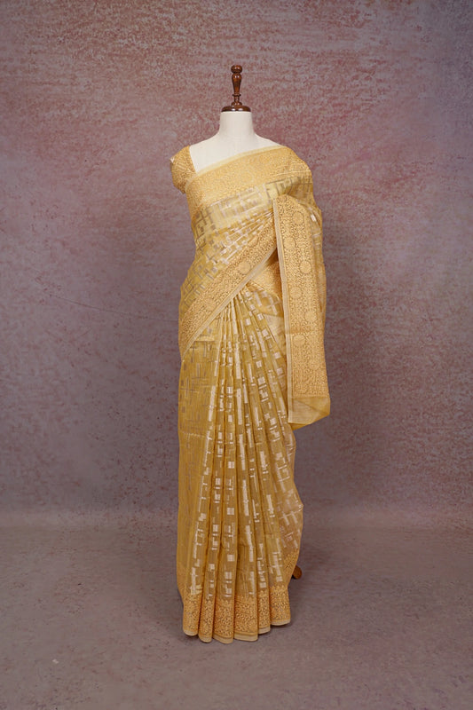 Light Yellow Tissue Kota Zari Work Saree With Thread Border - Seematti