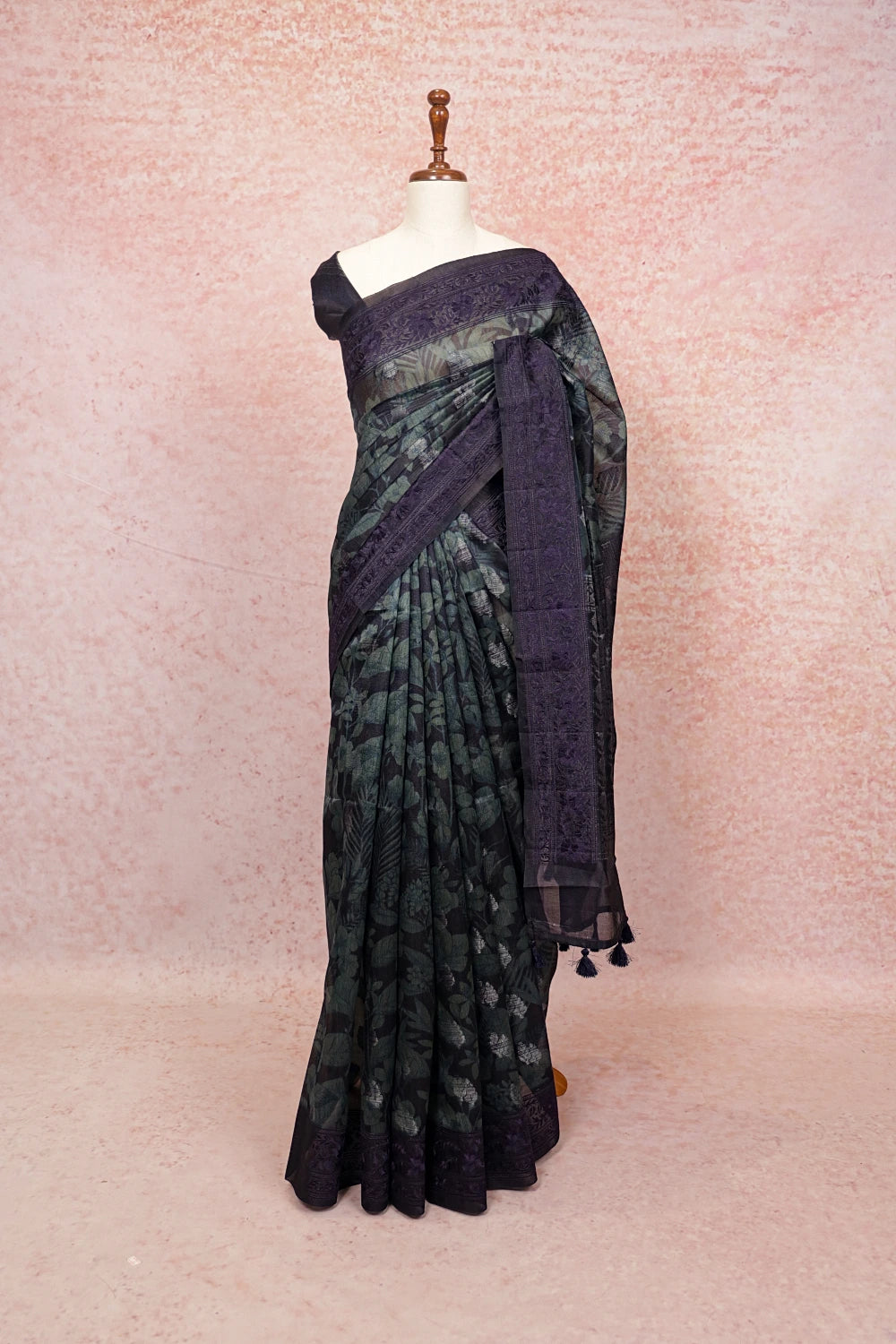 Navy Blue Semi Tussar Saree with thread border - Seematti