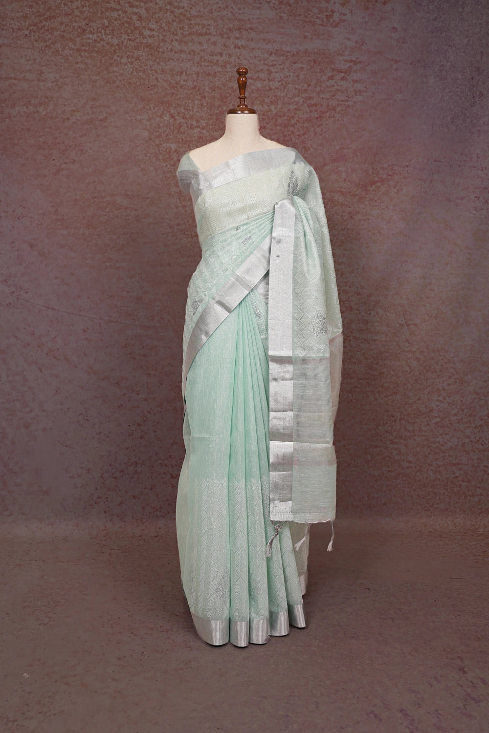 Sea Green Semi Tissue Saree with silver border - Seematti