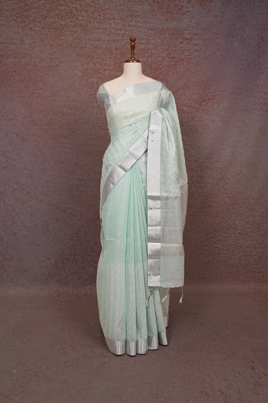 Sea Green Semi Tissue Stone Work Saree With Silver Border - Seematti