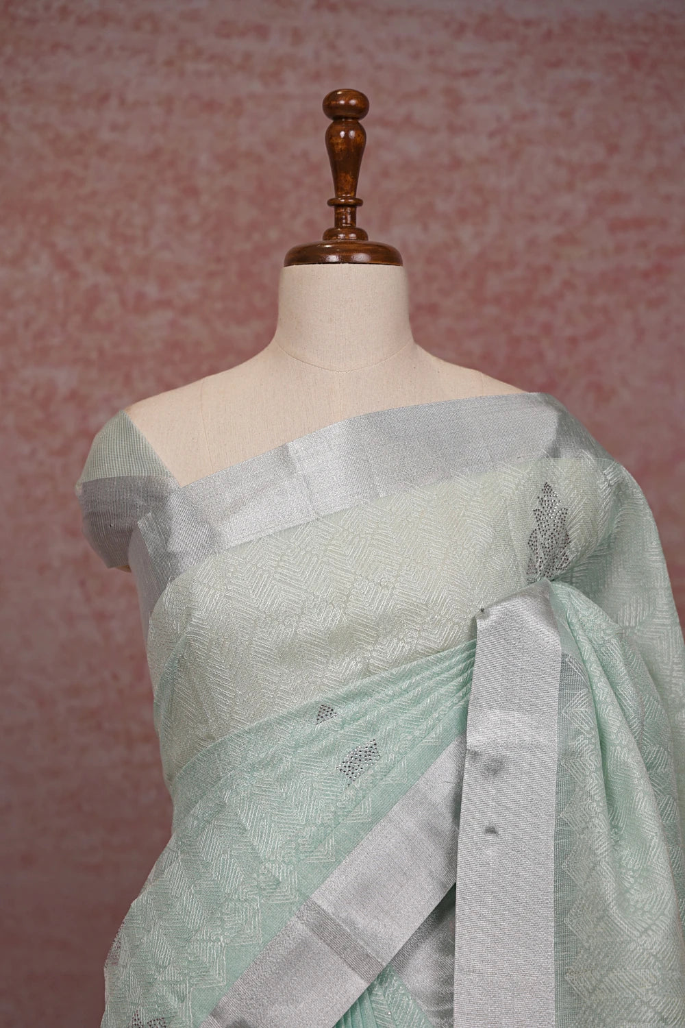 Sea Green Semi Tissue Saree pallu close-up with silver border