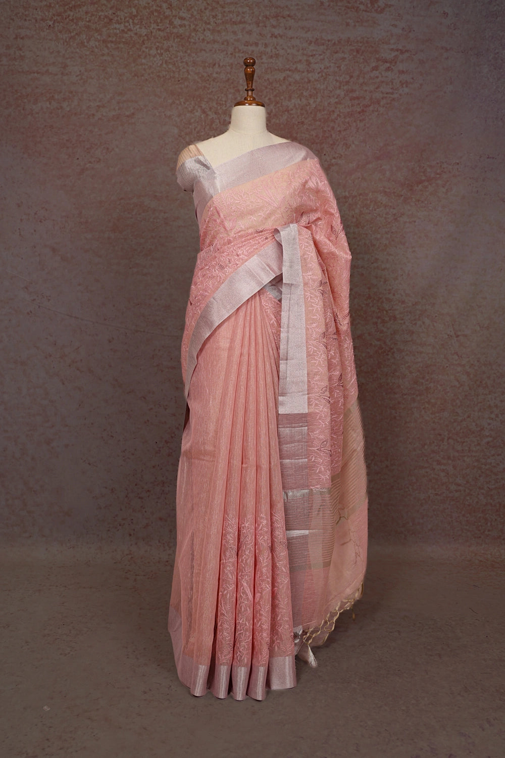 Pink Semi Tissue Thread Work Saree With Silver Border - Seematti