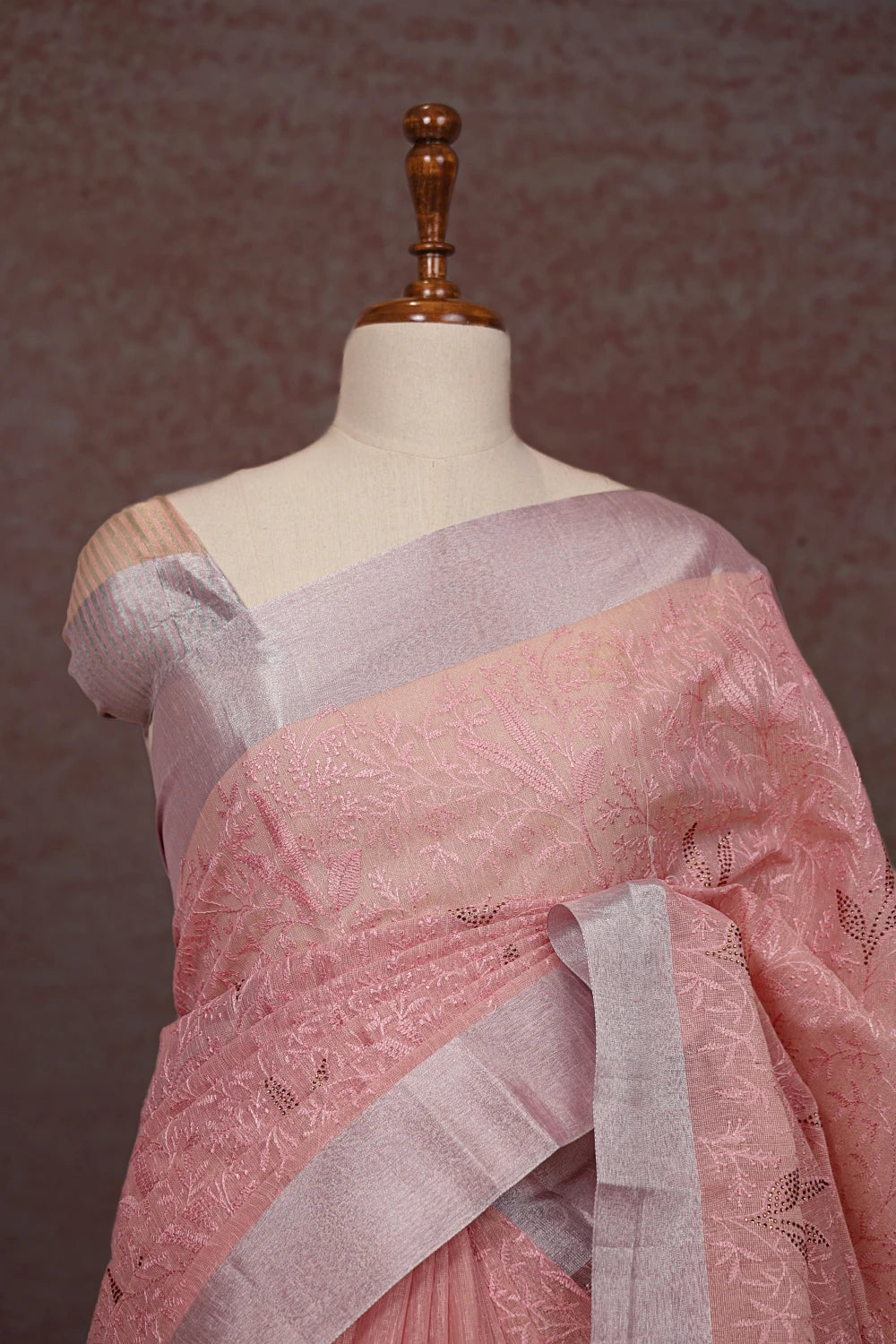 Pink Semi Tissue Thread Work Saree With Silver Border - Seematti