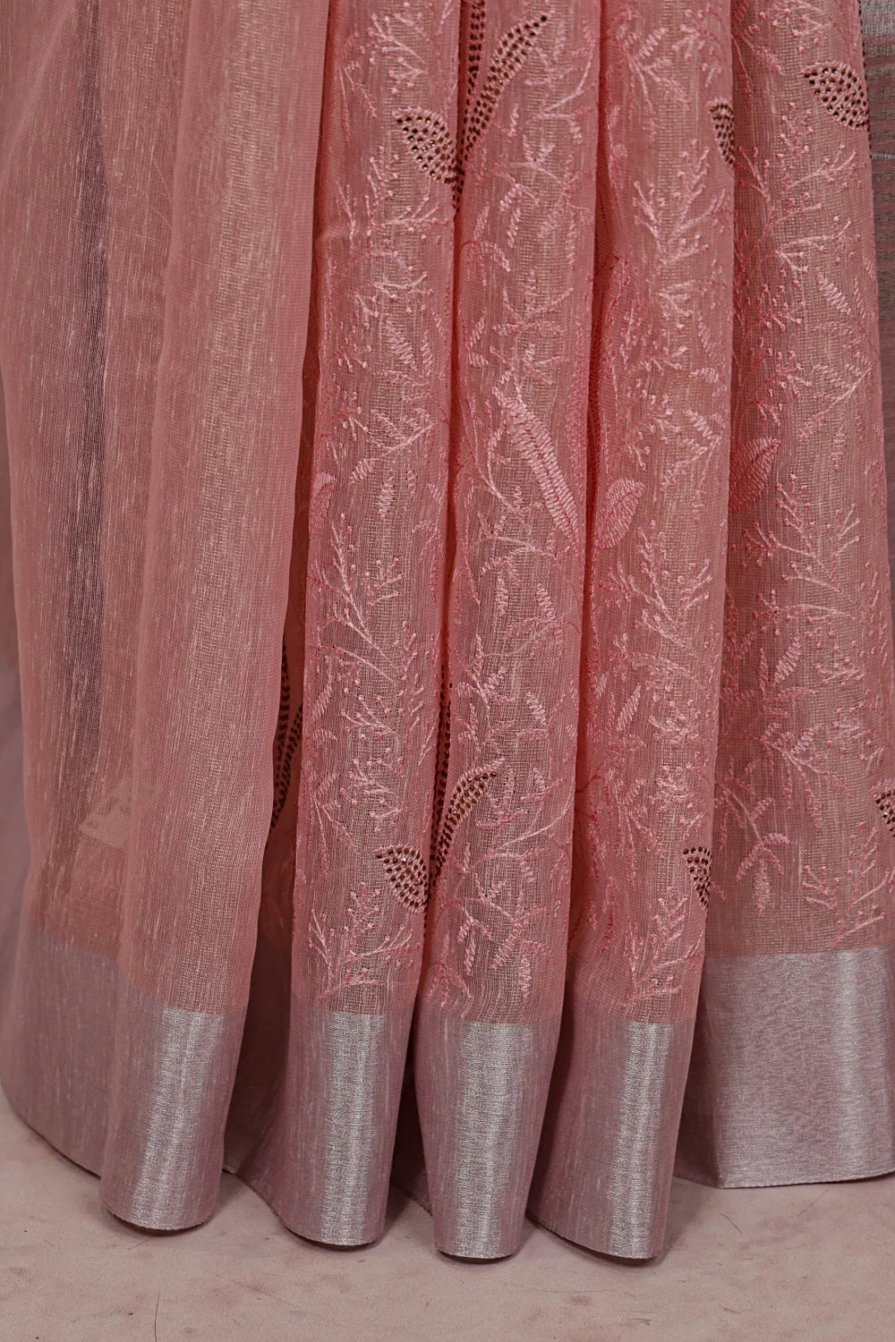 Pink Semi Tissue Thread Work Saree With Silver Border - Seematti