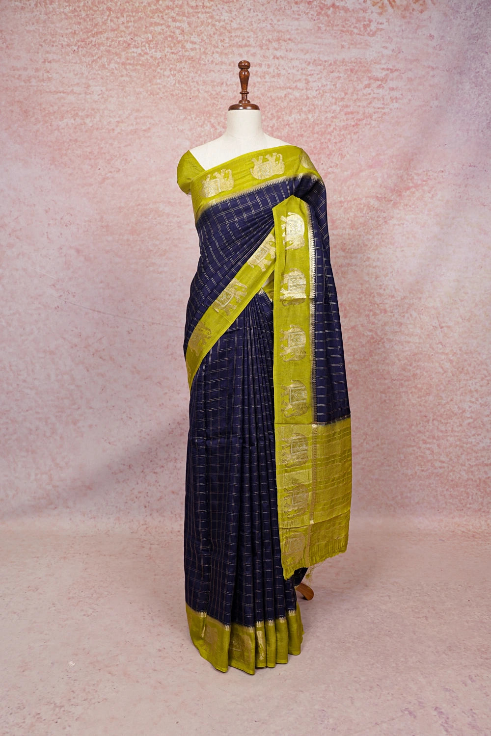 Navy Blue Binni Silk Saree with elephant border - Seematti