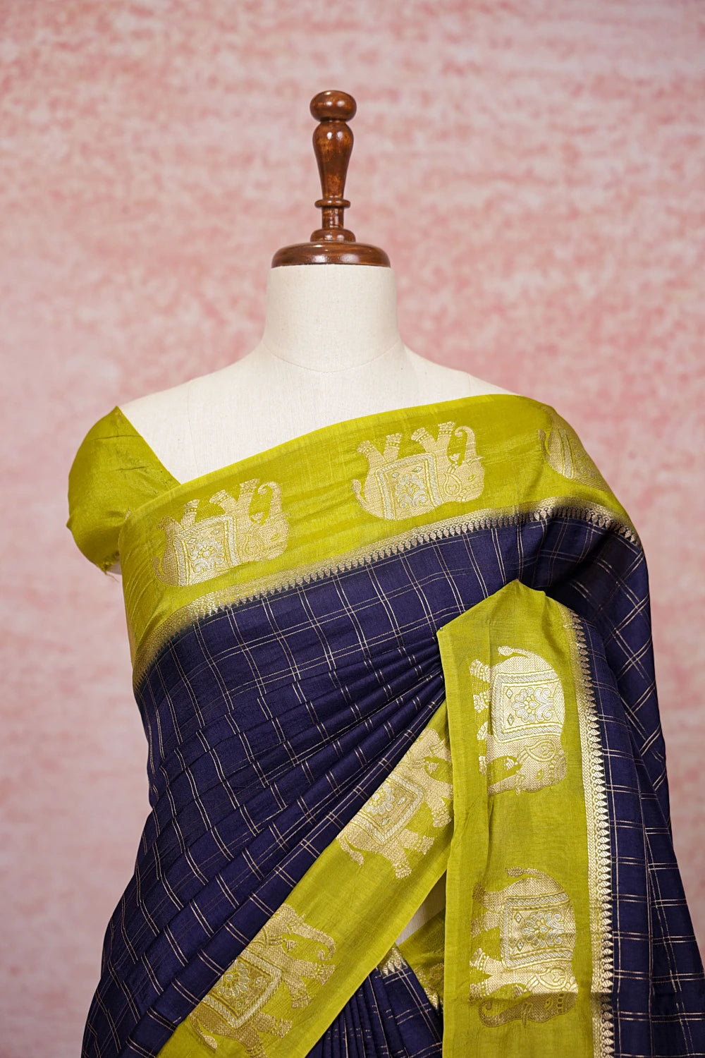 Navy Blue Binni Silk Saree pallu close-up with elephant border
