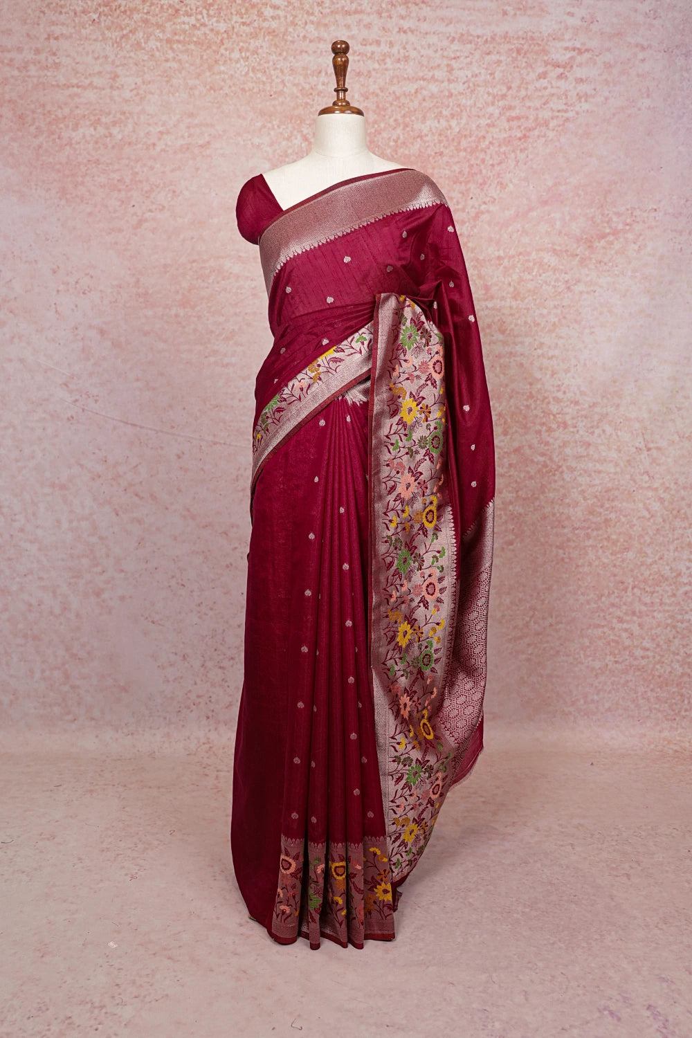Wine Red Semi Banarasi Saree