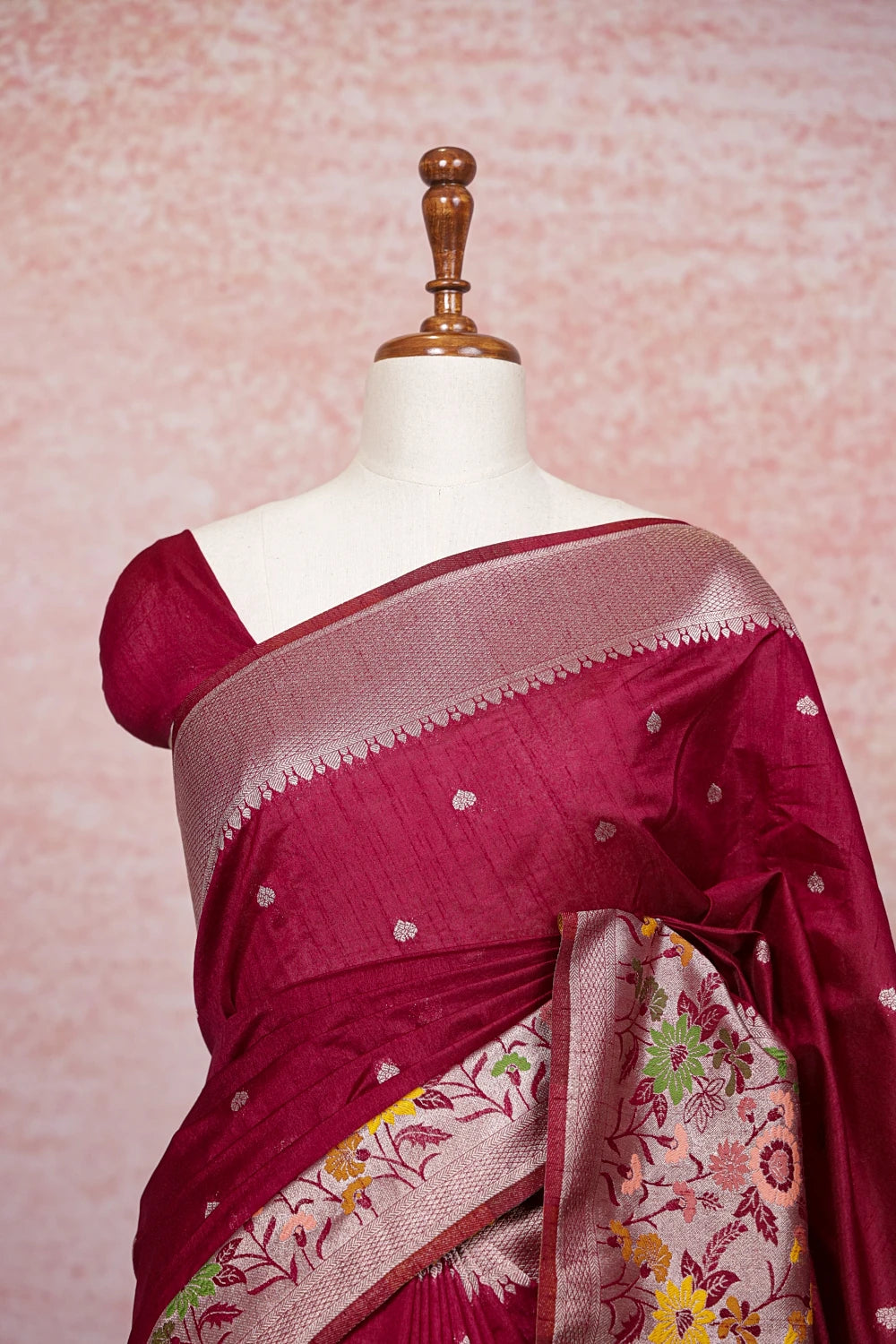 Wine Red Semi Banarasi Saree
