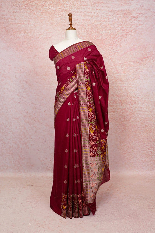 Wine Red Semi Banarasi Saree