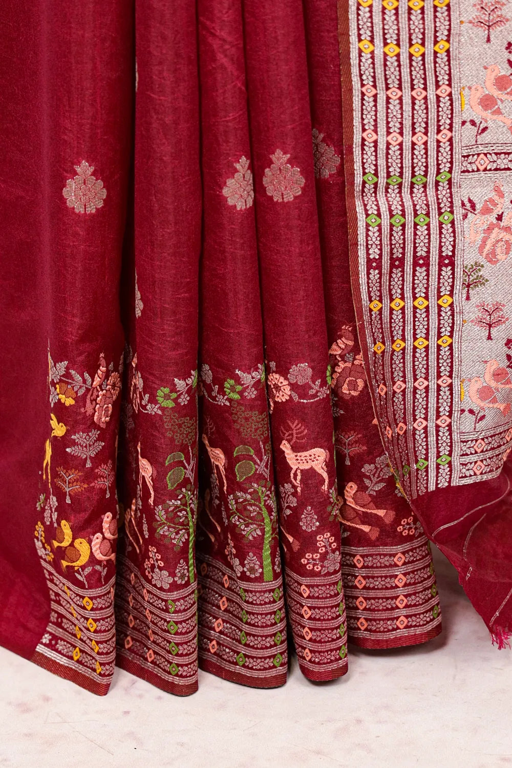 Wine Red Semi Banarasi Saree