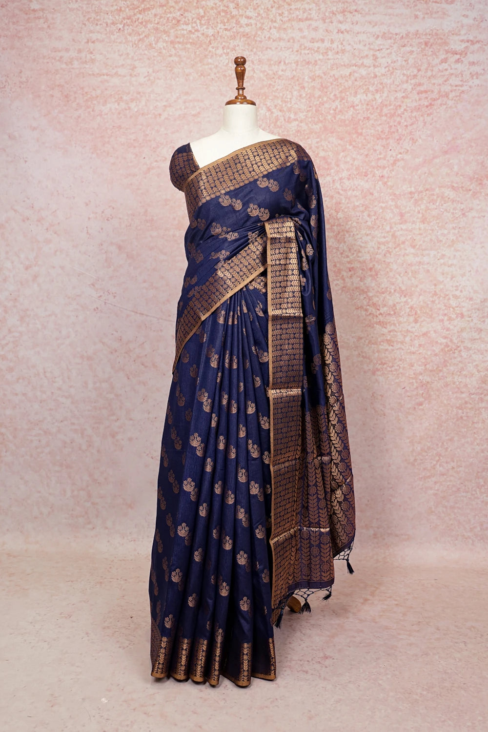 Navy Blue Semi Silk Zari Work Saree with designer border - Seematti
