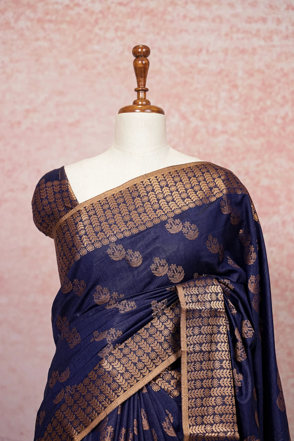 Navy Blue Semi Silk Zari Work Saree pallu close-up with designer border