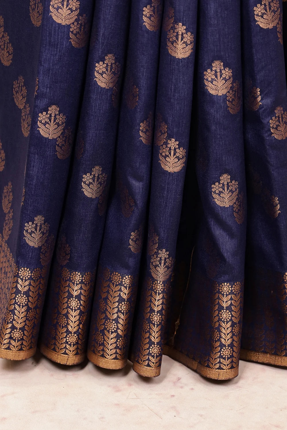 Navy Blue Semi Silk Zari Work Saree fabric spread, designer border detail