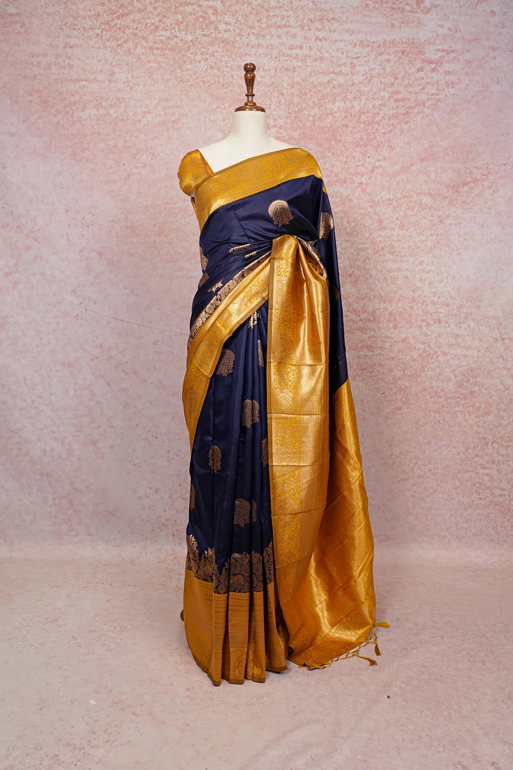Navy blue art silk saree with golden double border - Seematti