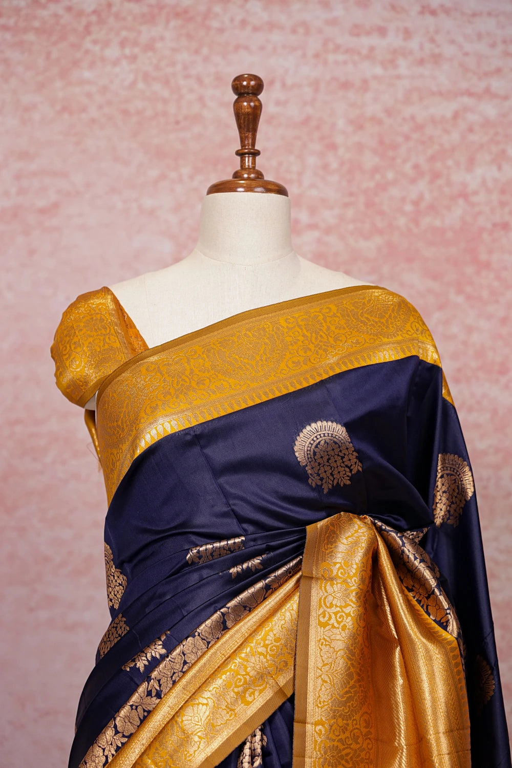 Navy blue art silk saree pallu close-up with double border