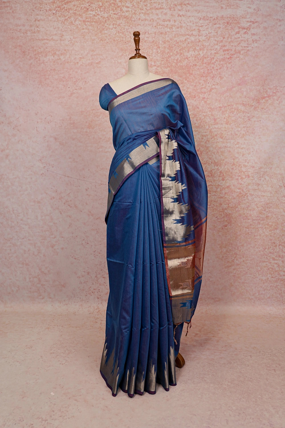Blue Semi Silk Plain Body Saree With Temple Border - Seematti