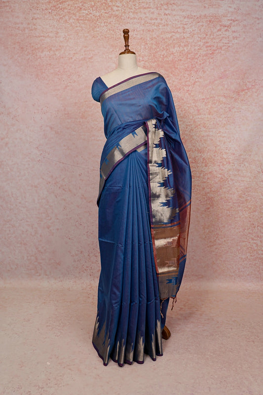 Blue Semi Silk Plain Body Saree With Temple Border - Seematti