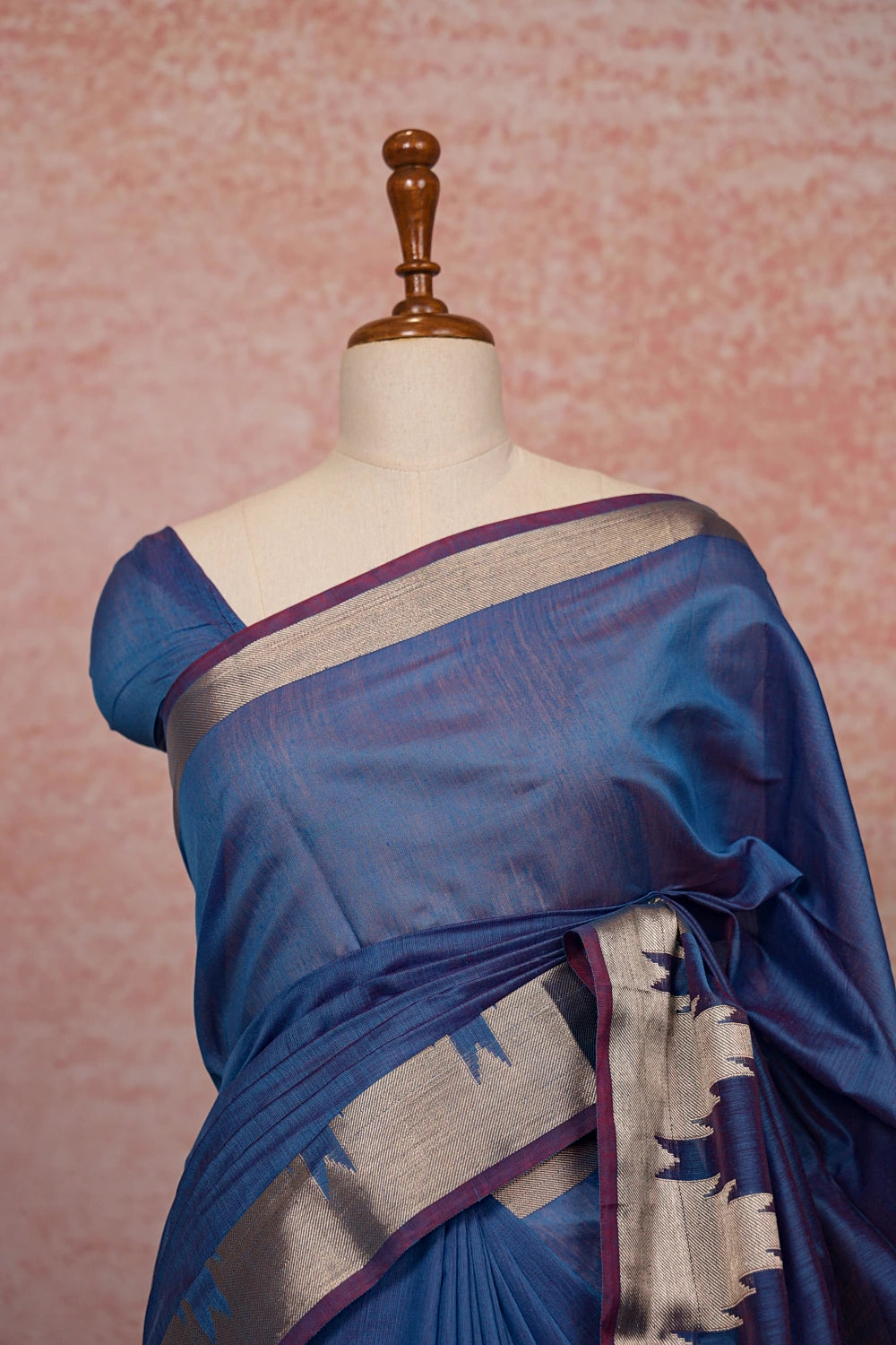 Blue Semi Silk Plain Body Saree With Temple Border - Seematti