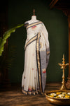 Off White Cotton Painted Kerala Saree With Zari Border - Seematti