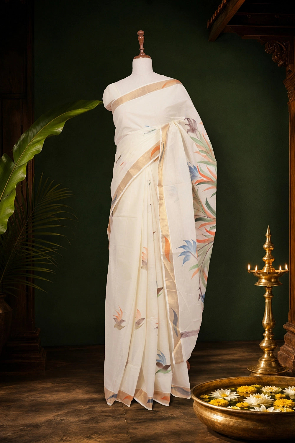 Off White Cotton Kerala Saree