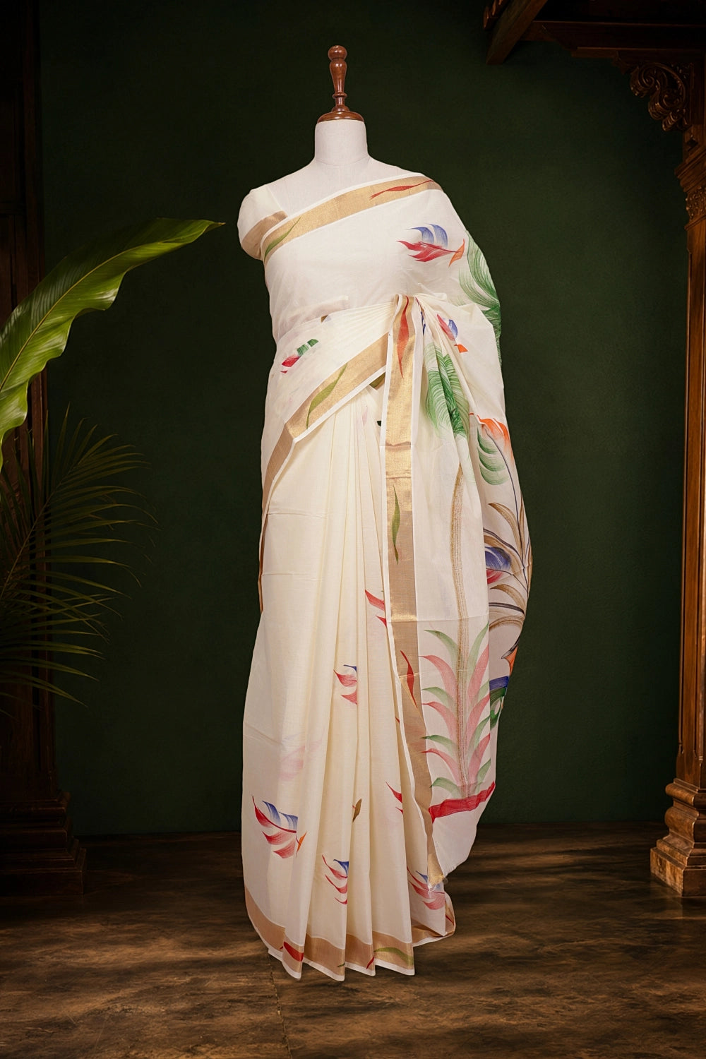 Off White Cotton Kerala Saree with painted border - Seematti