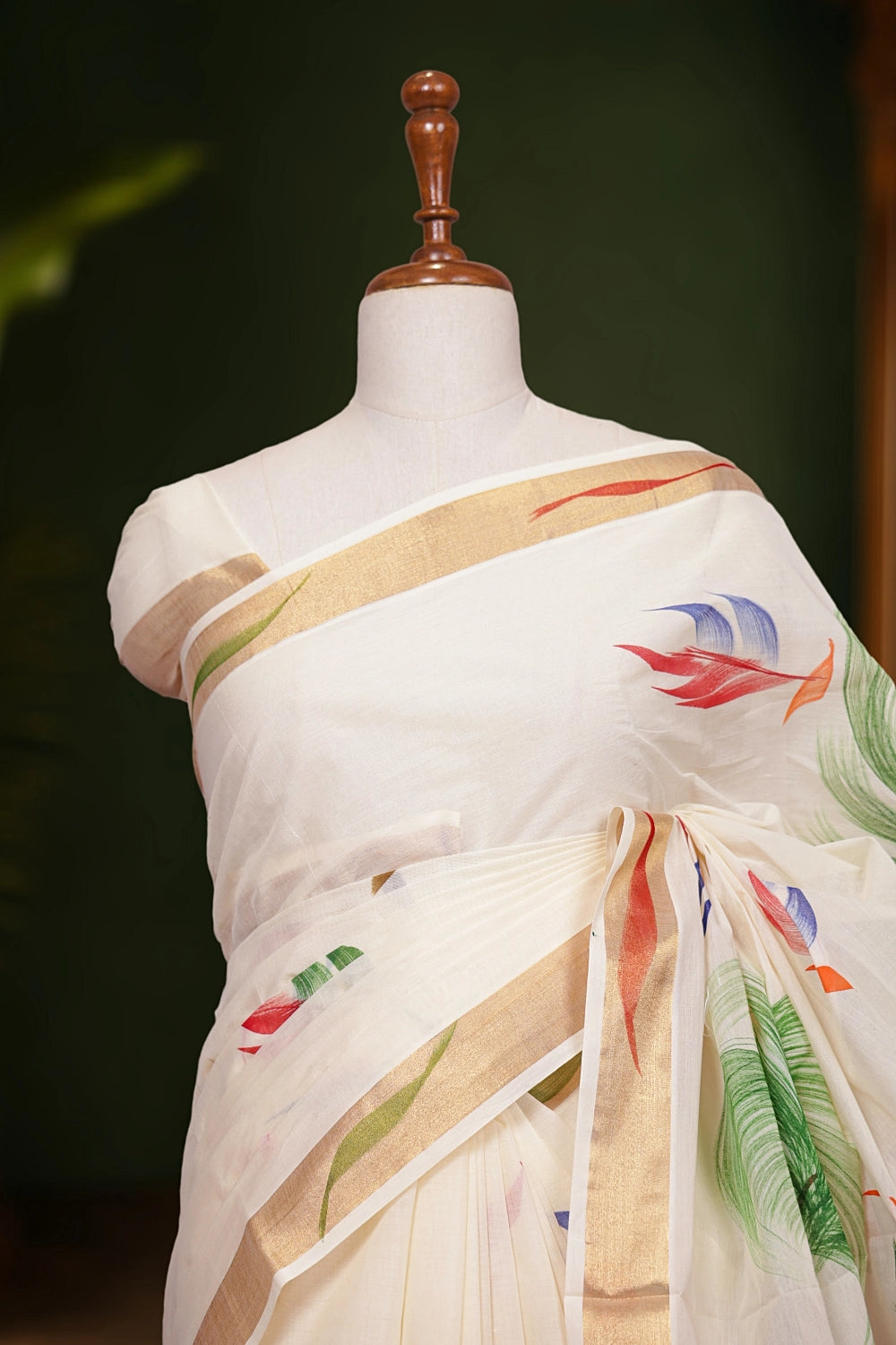 Off White Cotton Kerala Saree close-up with hand-painted florals