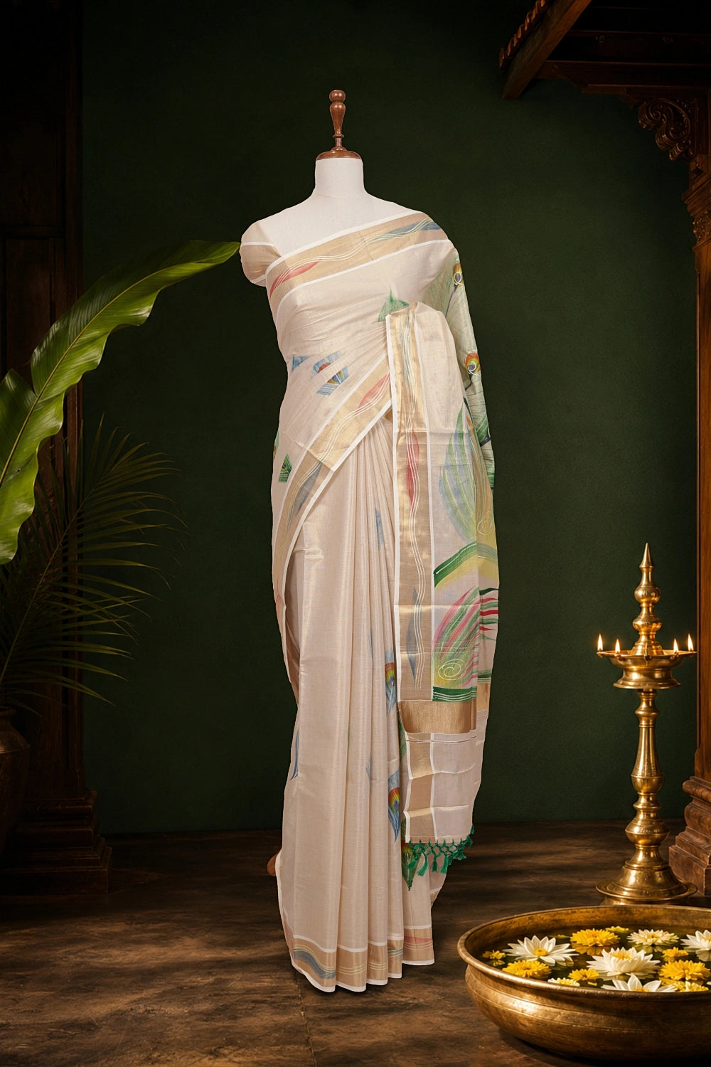 Golden tissue Kerala saree with painted peacock design - Seematti