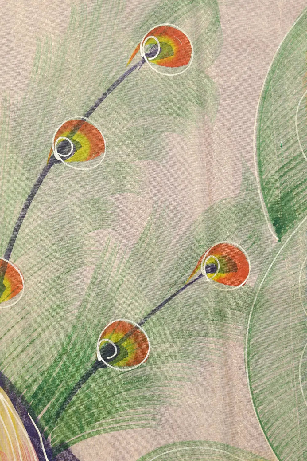 Golden tissue Kerala saree fabric spread, peacock feather painting