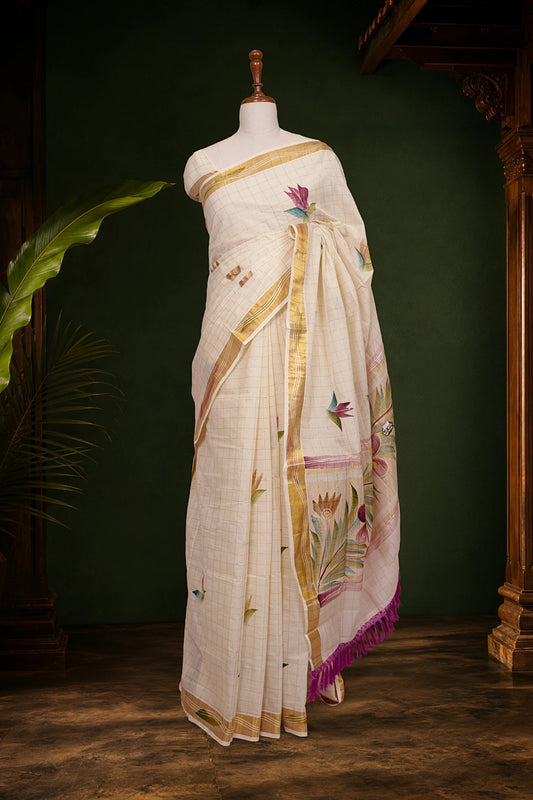 Off White Cotton Kerala Saree