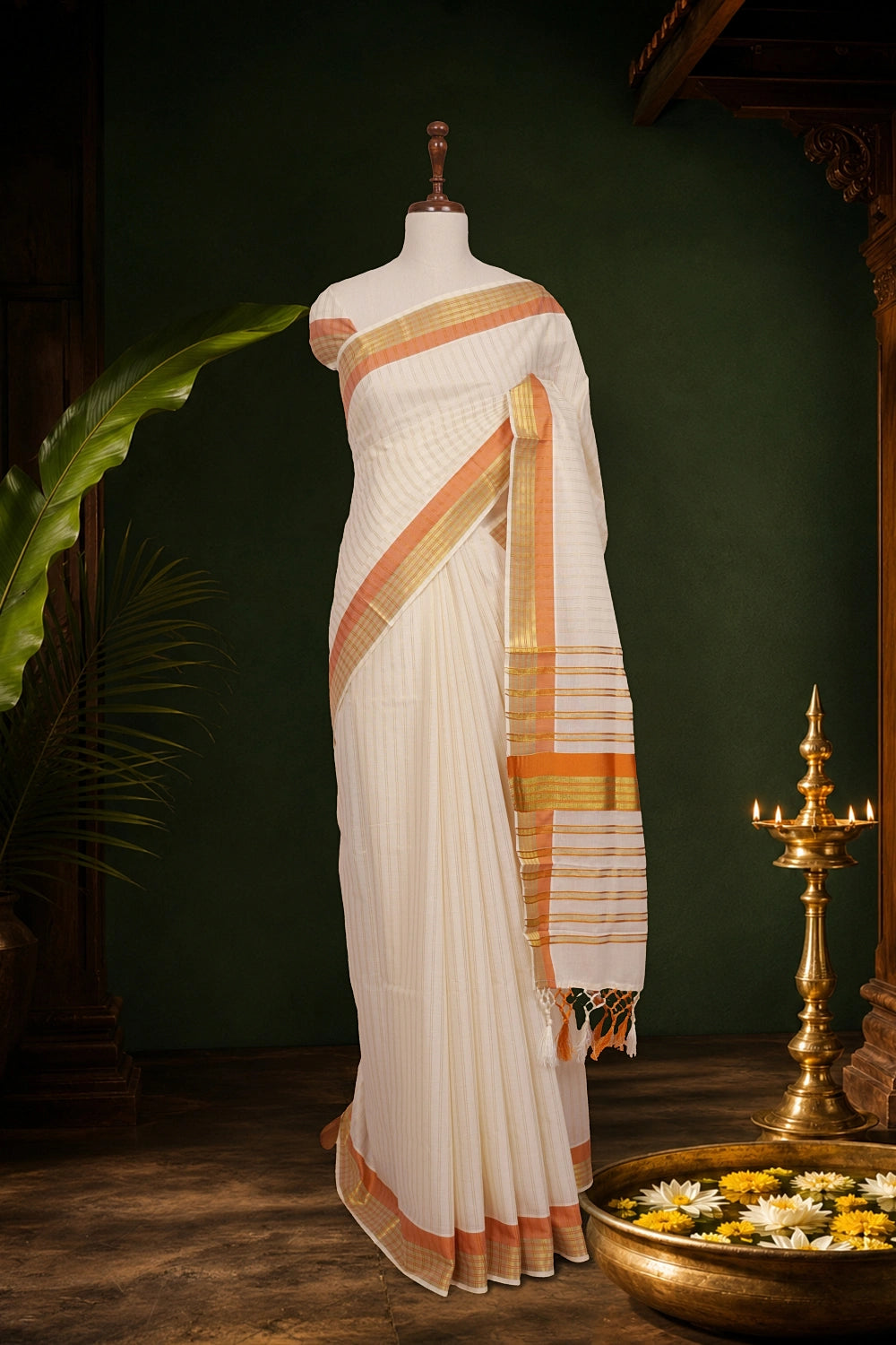 Off White Cotton Kerala Saree