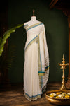 Off White Cotton Lines Kerala Saree with Line Border - Seematti