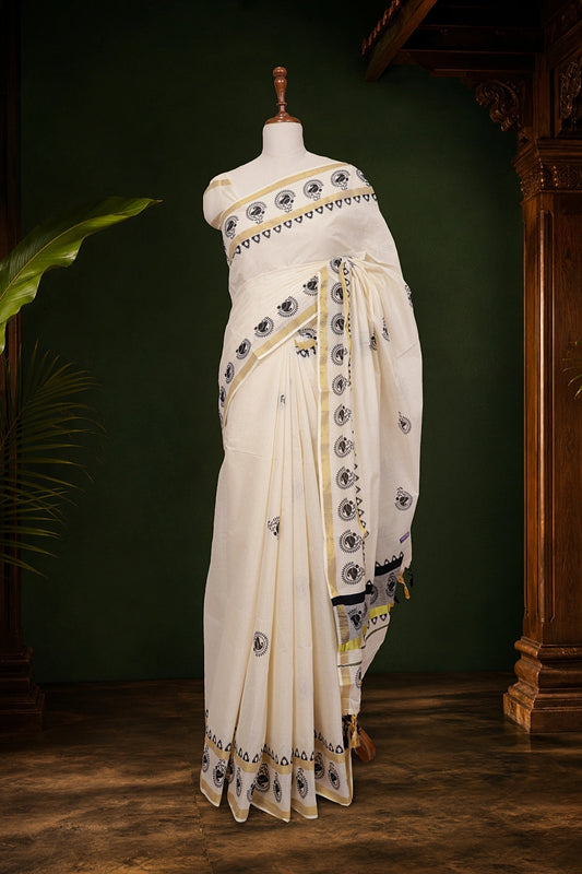 Off White Cotton Kerala Saree - Seematti