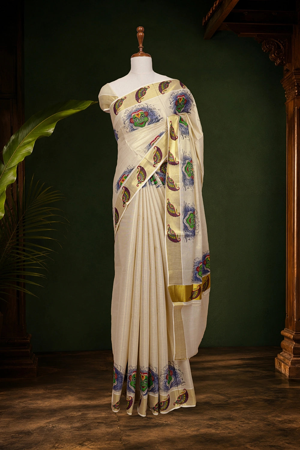 Golden Tissue Kerala Saree with Kathakali print - Seematti